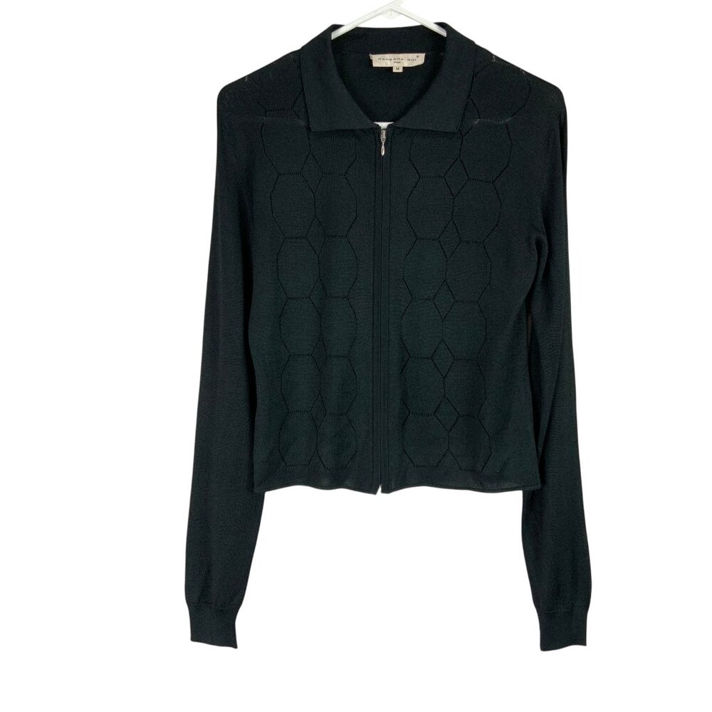 Barbara Bui Black Geometric Long Sleeve Collared Full-Zip Silk Sweater Size M